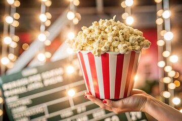 Striped red and white box with salted popcorn in his hand against the background of cinema lights. A popular snack in cinemas.