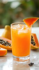 Papaya smoothie in a glass with fresh fruit on the table