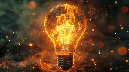 Softly Glowing Yellow Light Bulb with Sparkling Particles in Dark Environment