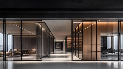 Obraz premium Modern Office Interior Design Featuring Glass Walls and Wooden Accents