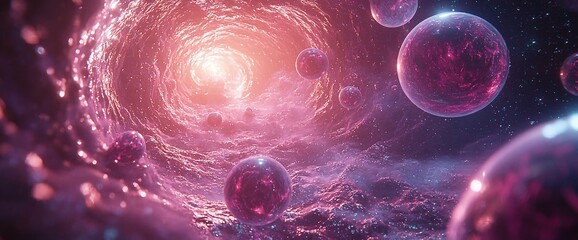 Fototapeta premium Pink cosmic swirl with glowing orbs.