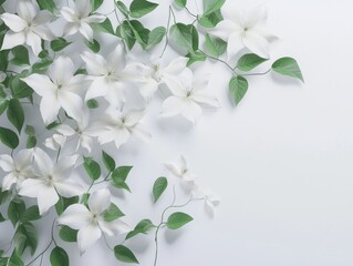 Fototapeta premium White flowers and green leaves spread elegantly on a soft background in a minimalist design