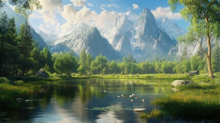 Fototapeta premium Mountain lake serene landscape, summer, calm waters, birds, trees