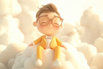 A smiling cartoon boy in a yellow suit sits peacefully on a fluffy white cloud, basking in the warm sunlight.