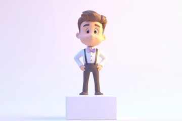 A charming 3D cartoon boy in a formal outfit stands confidently on a white platform.