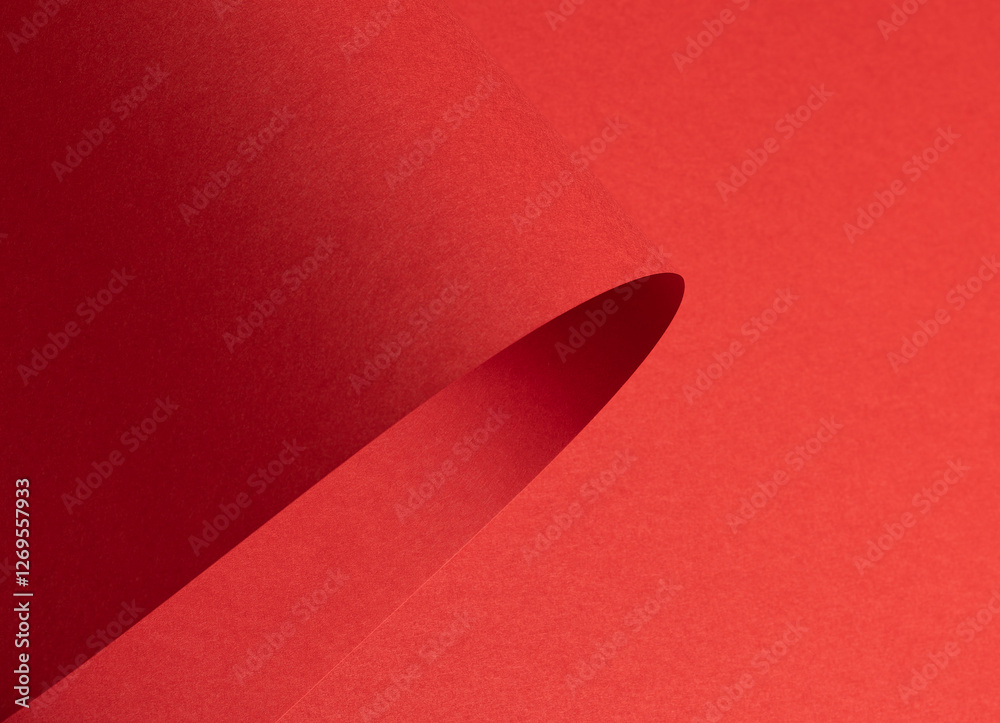 Fototapete Fiery vermilion red paper background with a smooth texture and overlapping curved folds. Warm coral tones and dynamic wavy edges create a minimal, flowing abstract composition with subtle shadows.