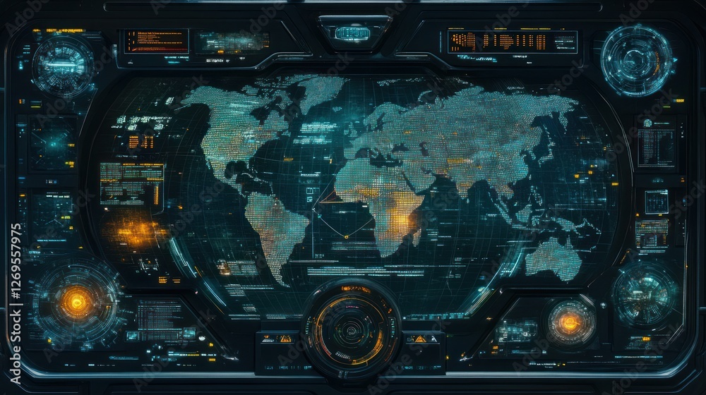 Poster Futuristic display shows a holographic world map with data overlays