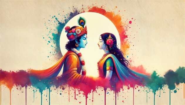 Dol Purnima banner illustration with Radha and Krishna 
