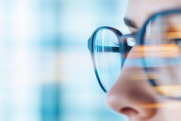 Close-up of a person wearing glasses focusing on a digital screen in a modern workspace