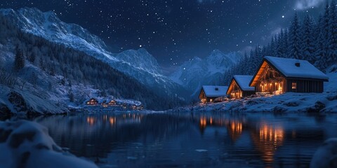 Fototapeta premium Nighttime cabin with waterfront lighting