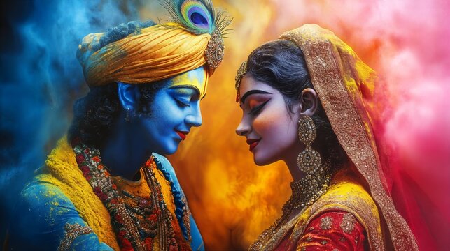 Dol Purnima illustration with portrait of Radha and Krishna.