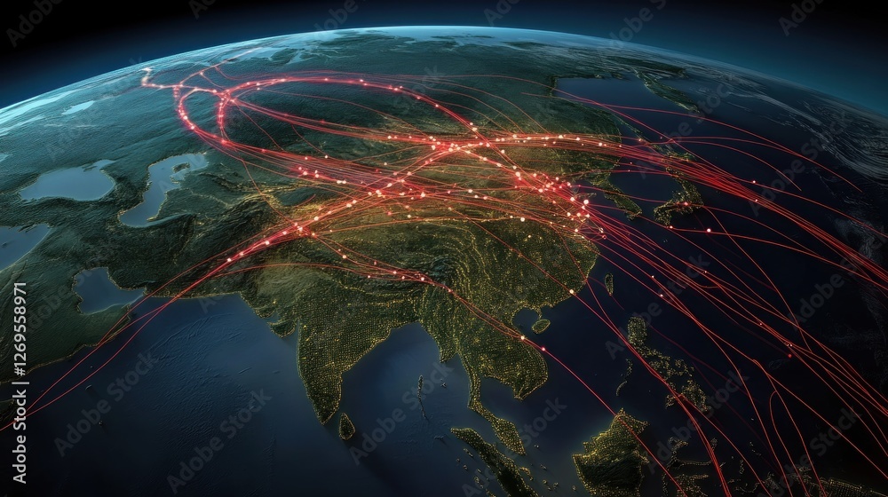 Poster globe view featuring asia with glowing red network connections
