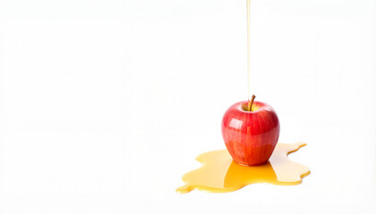 Obraz premium Red apple dripping with honey on a white background for blogs, recipes, nutrition articles, health websites, culinary presentations, and food-related designs