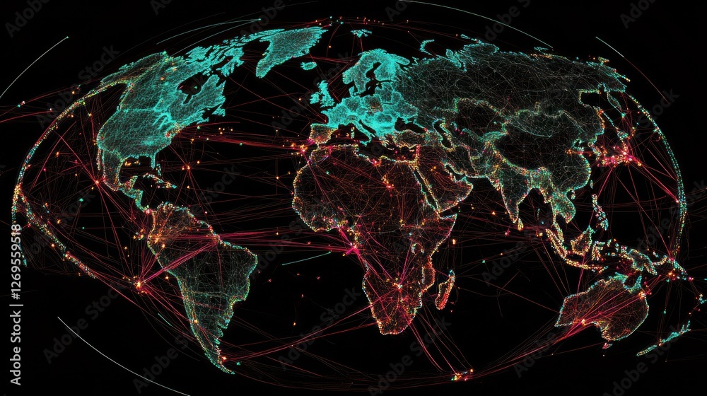 Poster world map with interconnected cities and global network connections
