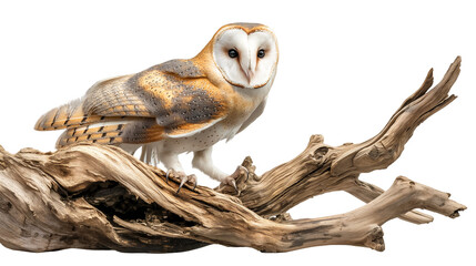 Obraz premium A majestic barn owl on a tree branch isolated on white and transparent background, cut out png