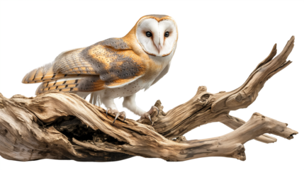 A majestic barn owl on a tree branch isolated on white and transparent background, cut out png