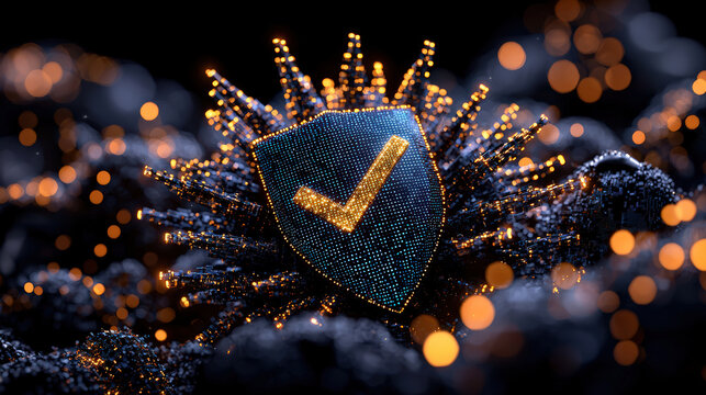 High tech verification emblem with glowing gold accents and check mark, symbolizing security and trust