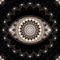 an eye-shaped mandala with an intricate, radial pattern at its center. This pattern is composed of repetitive, symmetrical designs that create a sense of depth and movement.