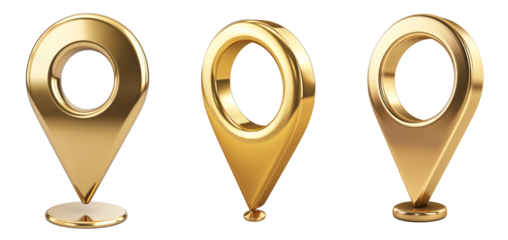 Collection set of GPS pointer sign golden glosy isolated on white and transparent background, cut out png