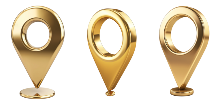 Collection set of GPS pointer sign golden glosy isolated on white and transparent background, cut out png