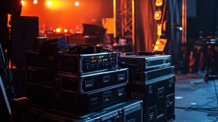Professional audio equipment stands ready for a concert in venue with atmospheric lighting