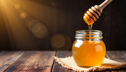Honey dripping from wooden dipper into jar on rustic table for food blogs, healthy lifestyle websites, culinary presentations, recipe cards, and wellness graphics
