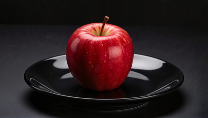 Red apple on a black plate for blogs, websites, food-themed designs, culinary presentations, nutrition education, recipe cards, and healthy lifestyle promotions