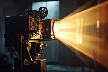 Fototapeta premium Classic film projector illuminating vintage cinema atmosphere for nostalgic movie lovers and retro enthusiasts