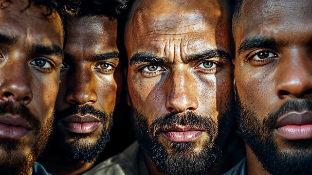 Intense Gaze:  A powerful portrait featuring four men with piercing eyes and defined features, captured in close-up. Their intense gazes evoke a sense of strength, focus, and determination.