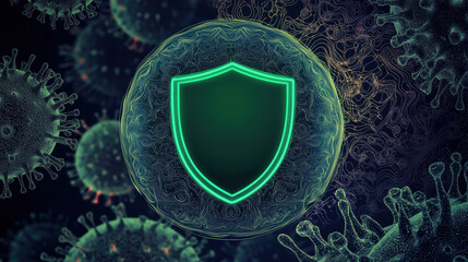 Digital illustration of shield symbolizing protection against viruses, surrounded by virus