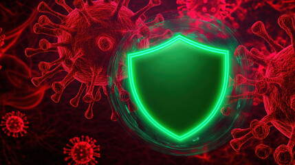 Fototapeta premium Captivating neon green shield icon surrounded by virus illustrations, symbolizing protection