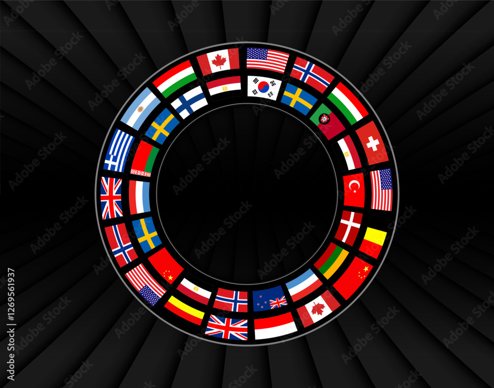 Poster abstract black background with 3d lines pattern and ring with flags circle, international business b