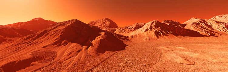 Planet mars illustration, orange red eroded mars surface, science fiction 3D illustration background. © Cobalt