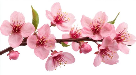 Close Up of a Blossom Branch with Pink Petals and White BackgroundWith A Branch of Sakura Blossoms and Pink Petals Against A White Background, Displaying Vibrant Colors and Delicate Petals. Macro