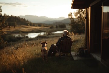 Retired old man sitting on a wooden chair next to his boxer dog, looking towards a beautiful landscape.