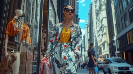A fashionable woman strolls through a bustling city street, showcasing a floral suit and stylish accessories under a vibrant blue sky.