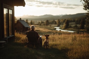 Retired old man sitting on a wooden chair next to his boxer dog, looking towards a beautiful landscape.
