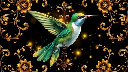 Elegant hummingbird with golden floral patterns on black background, luminous fantasy illustration