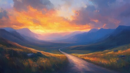 A winding road stretches through a landscape at sunset