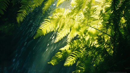 Obraz premium Sunlit ferns, waterfall backdrop, lush rainforest, nature serenity, travel poster