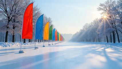 Group skating, Pristine park with colorful feather flags on ice leafless trees.
