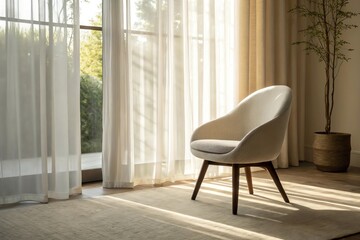 Cozy chair by sunlit window with sheer curtains and potted plant in modern living room.
