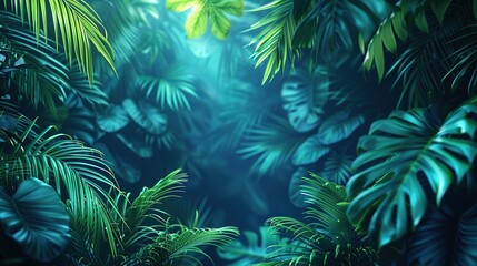 Vibrant Green and Blue Neon Lights with Tropical Leaves: A Fusion of Glowing Foliage and Futuristic Botanicals for Modern Design, Neon Art Installations, and Tropical-Themed Branding with Lush Greener