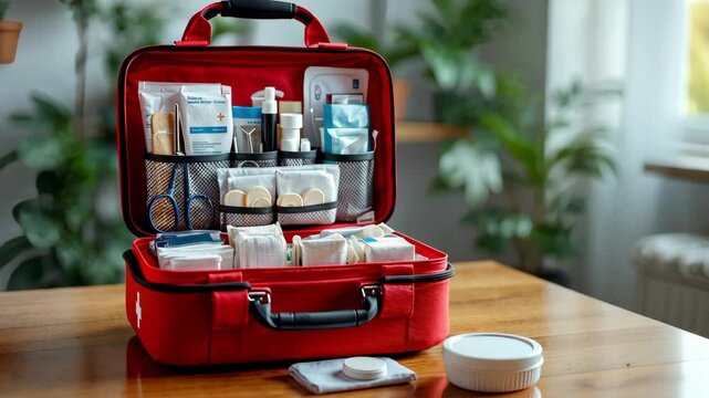 Emergency First Aid Kit: A well-stocked red first-aid kit sits open, revealing an array of essential medical supplies ready for immediate use.  Provides a sense of preparedness and safety.
