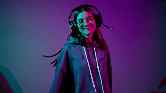 Cool happy hooded gen z hipster teen girl wearing headphones and glasses listening new cool dj music playlist songs podcast dancing alone in studio light