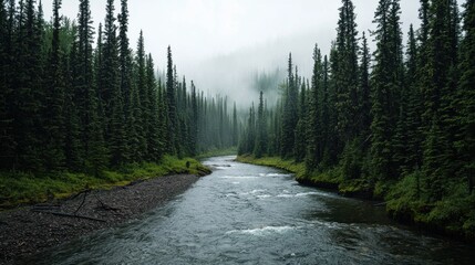 Serene river flowing through dense pine forest wilderness landscape tranquil environment aerial view nature beauty