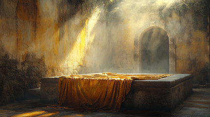 The empty tomb bathed in rays of sunlight, highlighting the folds of the empty robes placed on the stone slab, soft mist rolling in from the entrance, intricate textures of ancient walls and fabric,