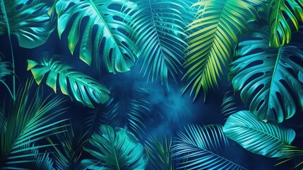 Vibrant Green and Blue Neon Lights with Tropical Leaves: A Fusion of Glowing Foliage and Futuristic Botanicals for Modern Design, Neon Art Installations, and Tropical-Themed Branding with Lush Greener