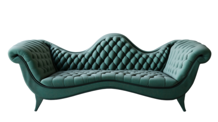 Emerald Velvet Sofa: A luxurious, emerald green velvet sofa with intricate button tufting and a unique, curvaceous design. Perfect for adding a touch of vintage glamour to any interior.