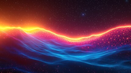 Glowing digital landscape, cosmic background, network design.